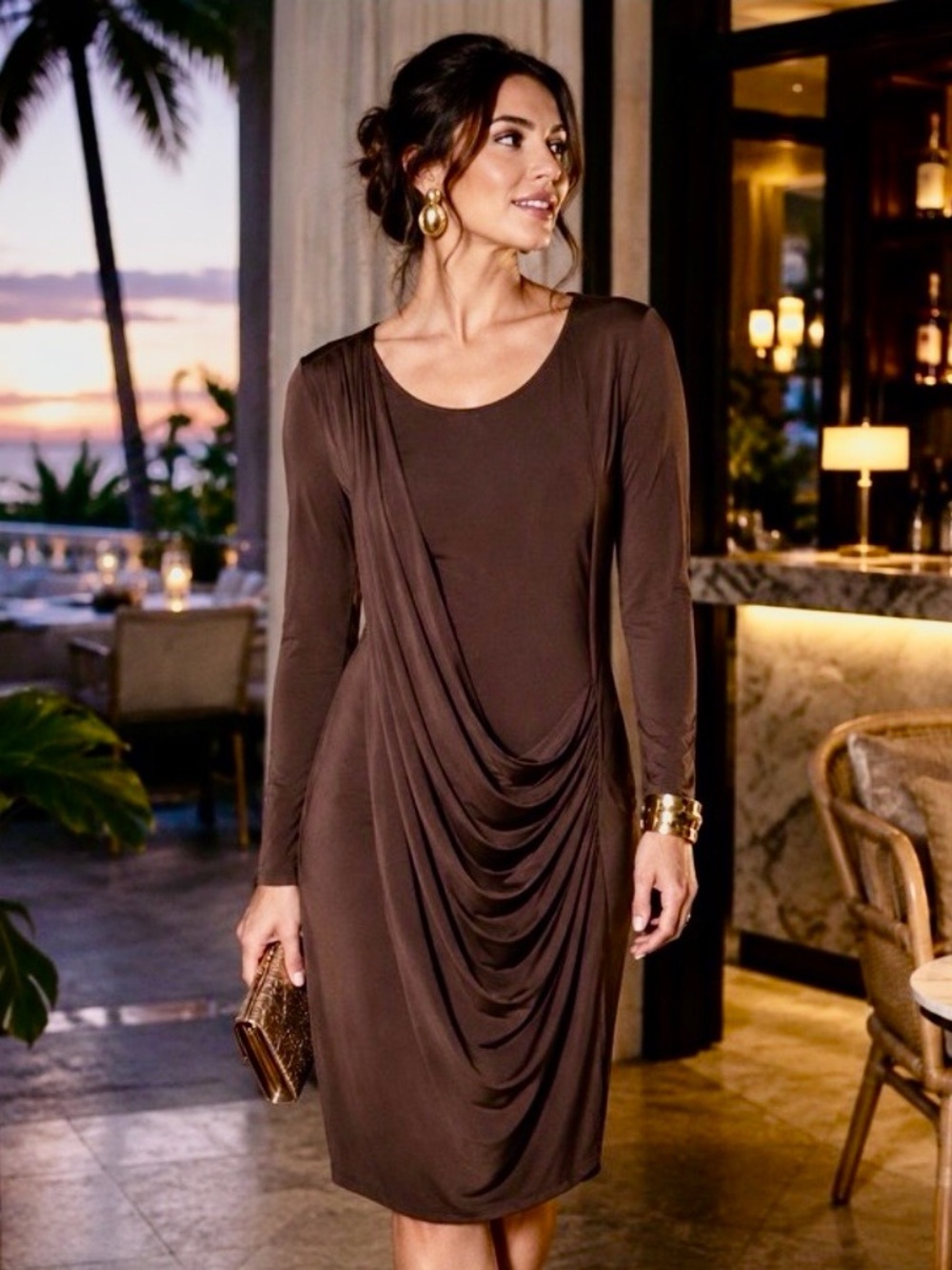 Lafayette 148 NWT Chocolate Brown Matte Jersey Draped Ruched Dress M
